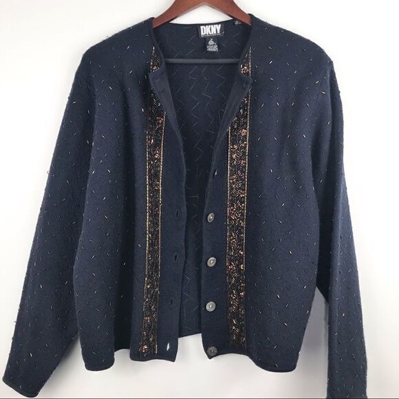 DKNY Vintage Navy Blue 100% Wool Beaded Cardigan Sweater - Picture 2 of 15